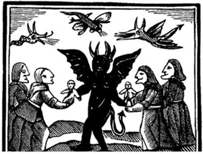 Image o a black devil holding small children in each arm. Two woman stand on either side of the image.