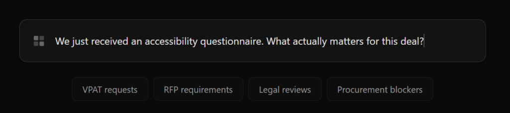 Chat-style input prompting how to handle an accessibility questionnaire, with selectable options like VPAT requests, RFP requirements, legal reviews, and procurement blockers.
